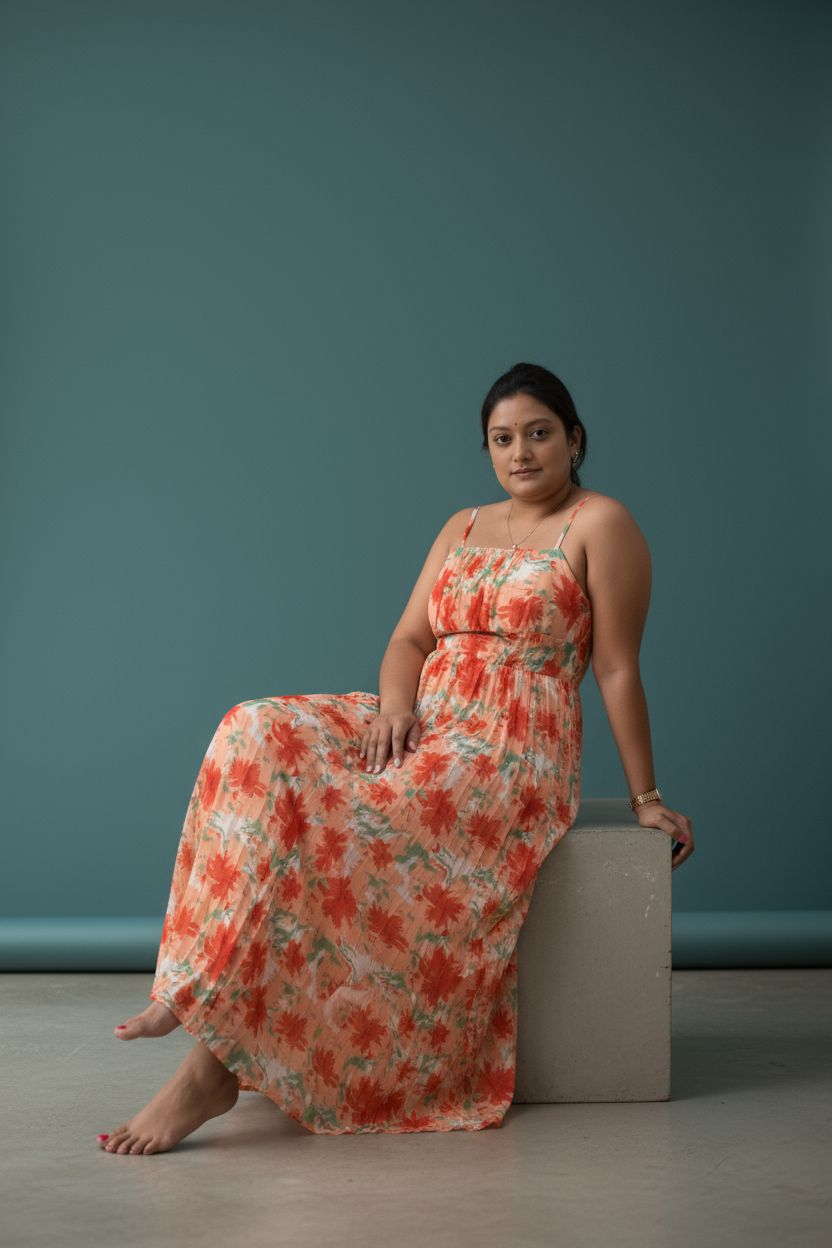 Long dress with pleats Peach and Red