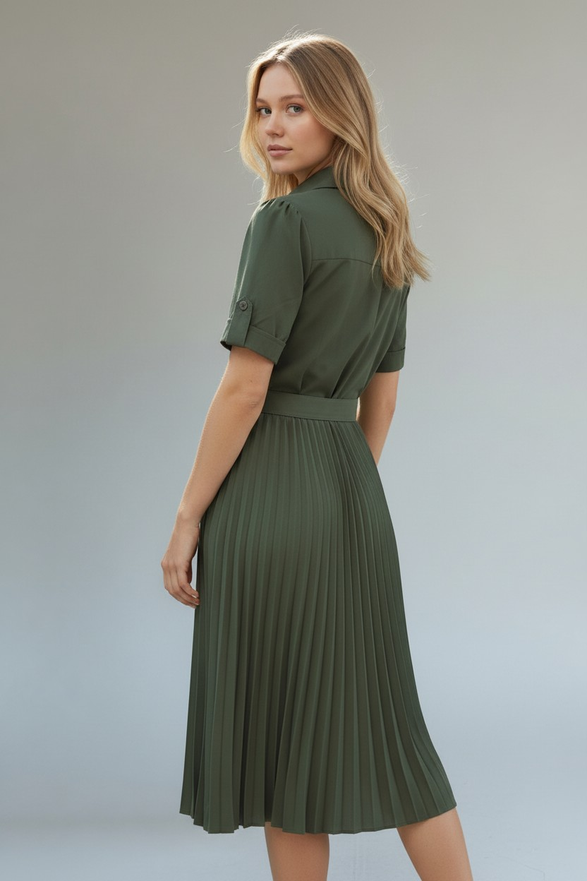 Olive Pleated Dress (With Belt)