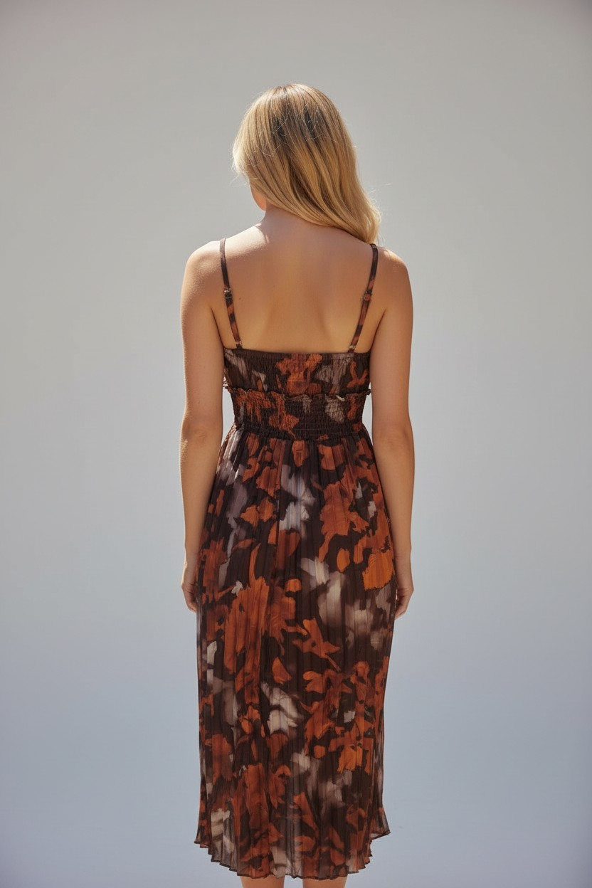 Elegant Pleated Midi Dress – Earth Tone Floral