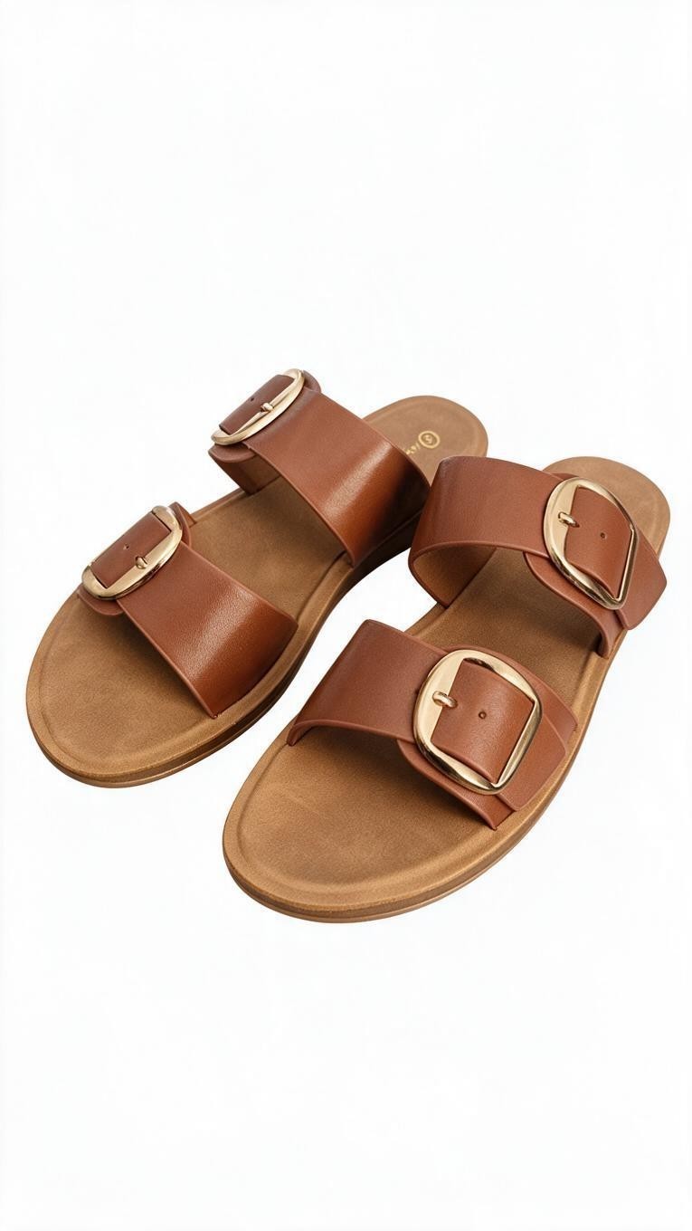 Naazo Elegant Buckle Slide Sandals – Tan