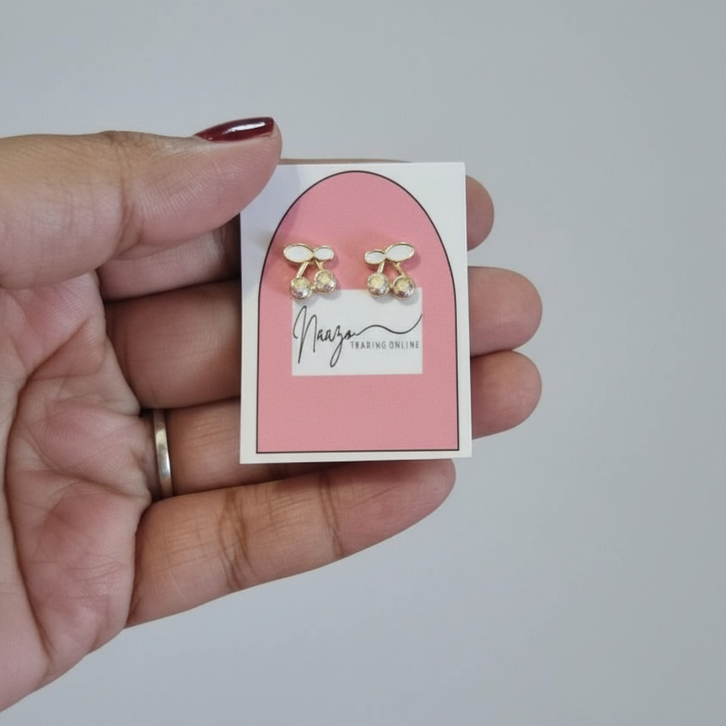 Gold-Tone Cherry Stud Earrings with Crystal Detail