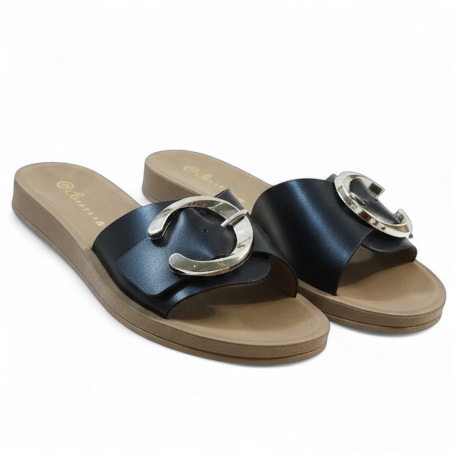 Black Buckle Slide Sandals