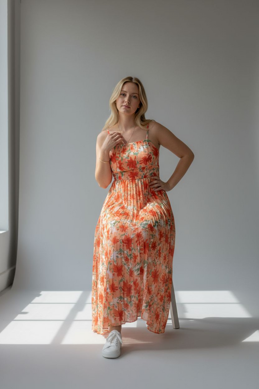 Long dress with pleats Peach and Red