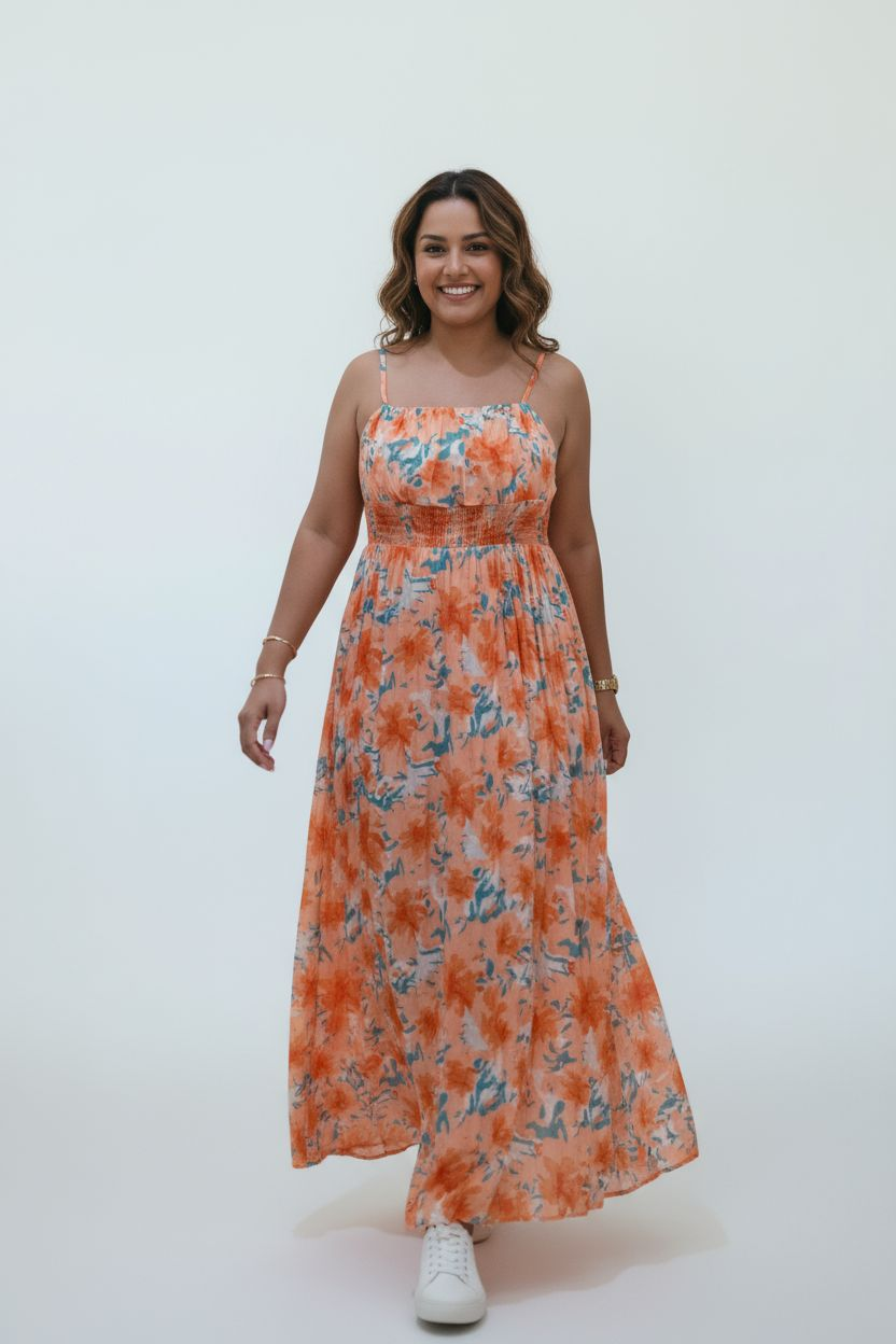 Long dress with pleats Peach and Teal