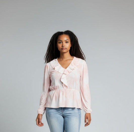 Pink V-Neck Frill Blouse