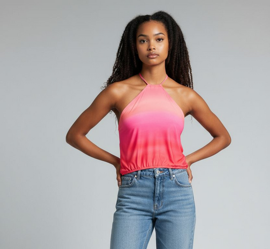Pink & Red Gradient Ruched Halter Top