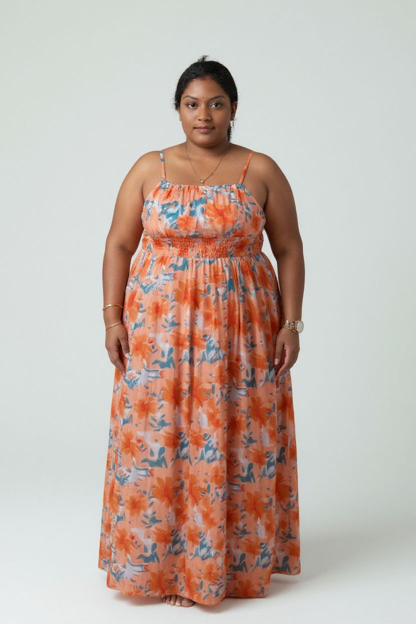 Long dress with pleats Peach and Teal