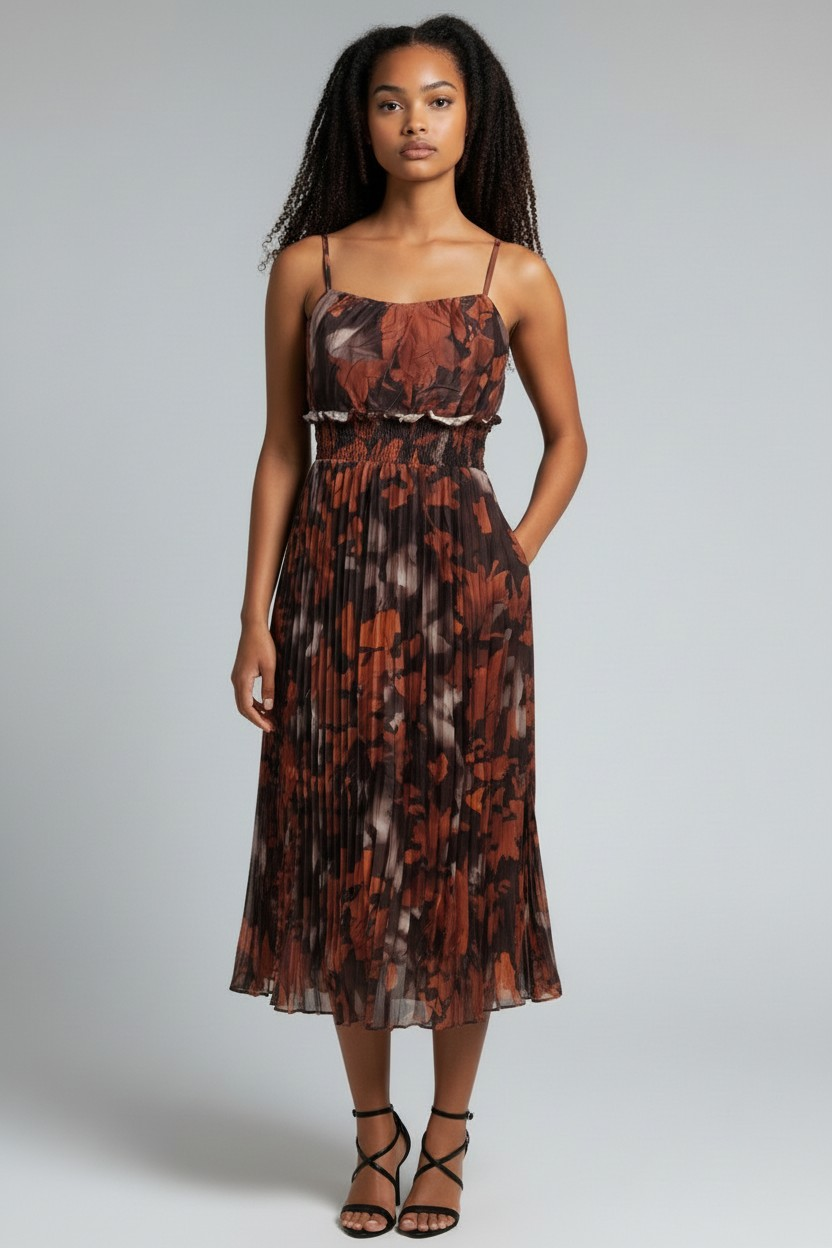 Elegant Pleated Midi Dress – Earth Tone Floral
