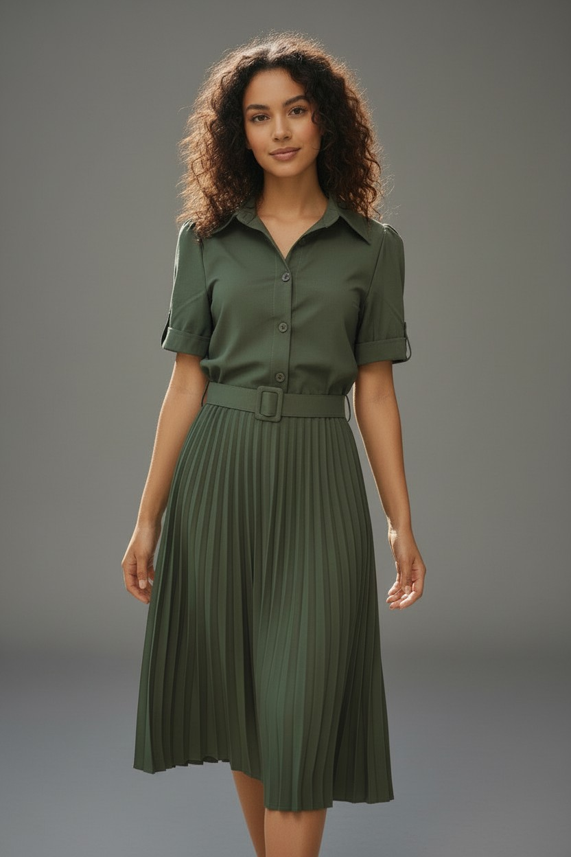 Olive Pleated Dress (With Belt)