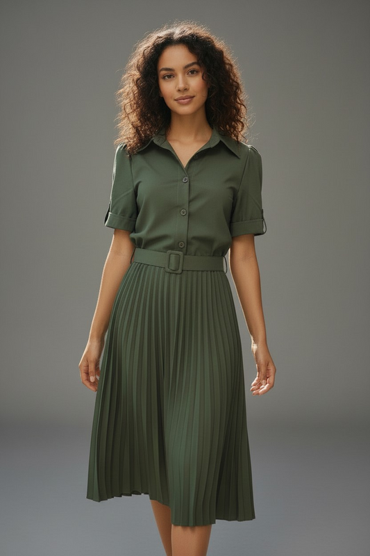 Olive Pleated Dress (With Belt)