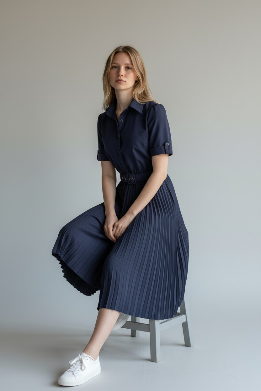 Navy Pleated Dress (With Belt)