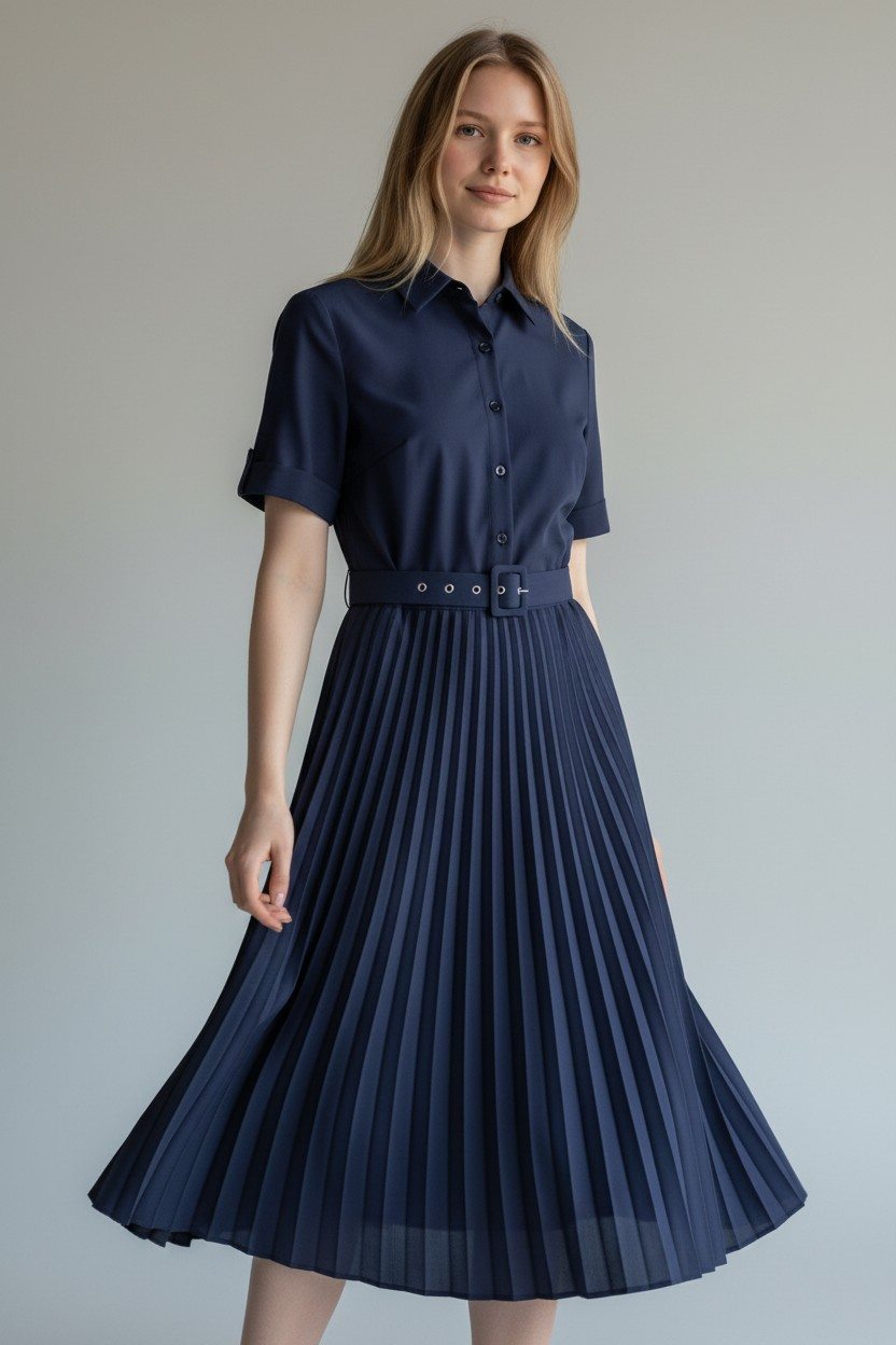 Navy Pleated Dress (With Belt)