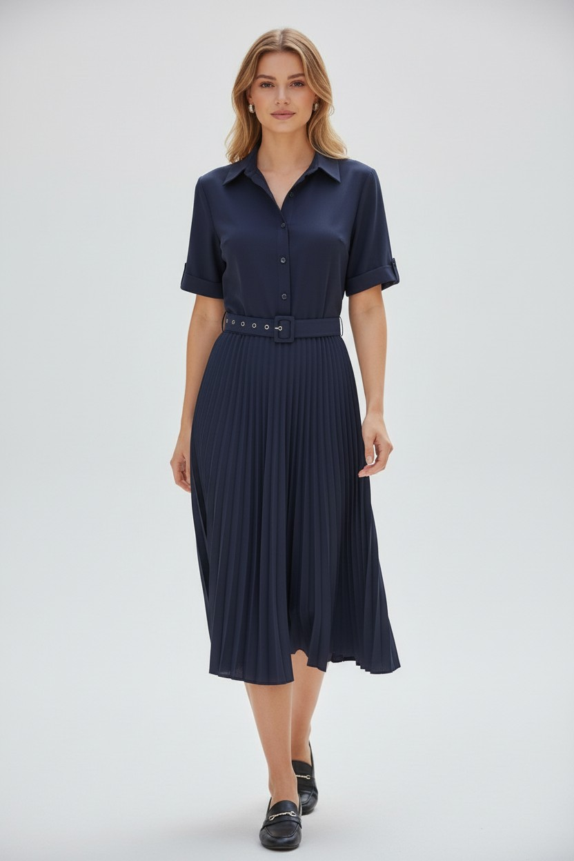 Navy Pleated Dress (With Belt)