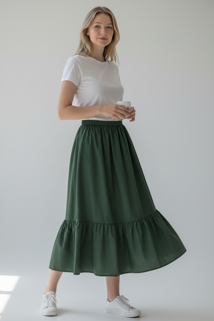 Naazo Flowy Tiered Midi Skirt – Forest Green
