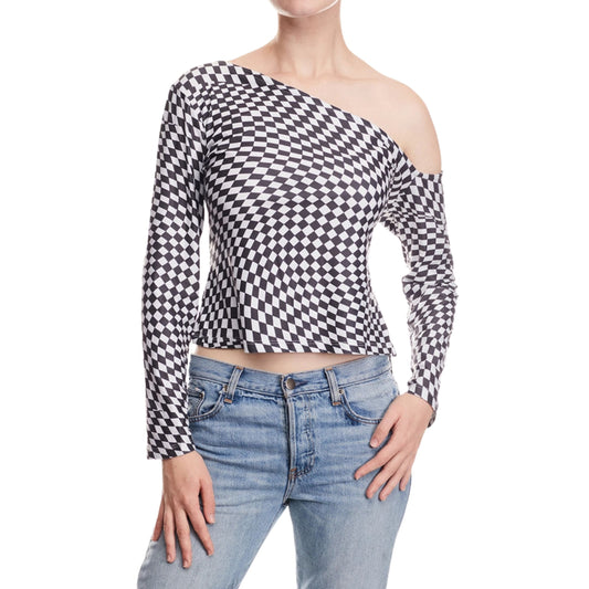 Black & White Checkered Asymmetric Shoulder Top