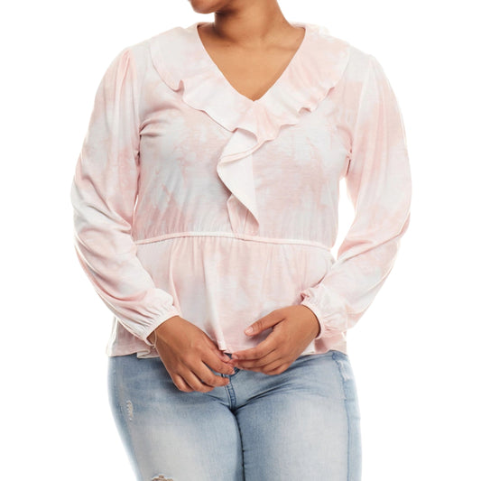 Pink V-Neck Frill Blouse