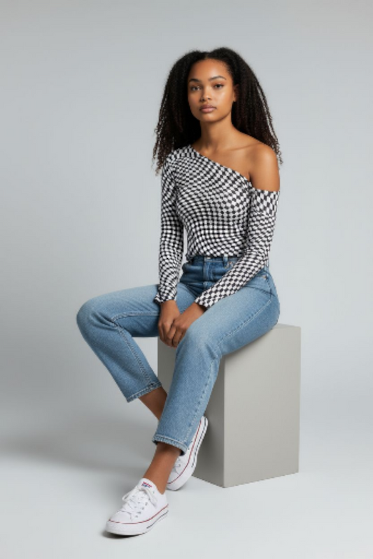 Black & White Checkered Asymmetric Shoulder Top