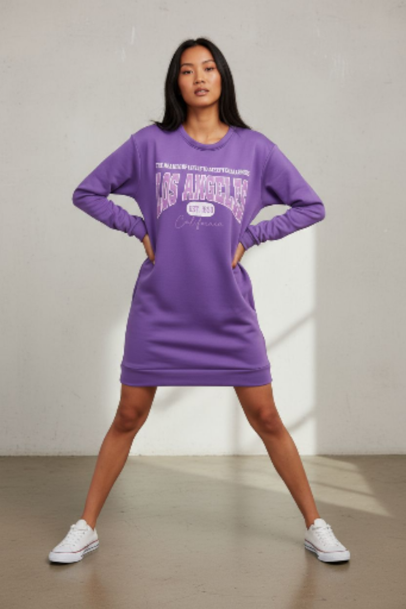 Purple Crew Neck Graphic Sweater Dress
