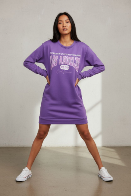 Purple Crew Neck Graphic Sweater Dress