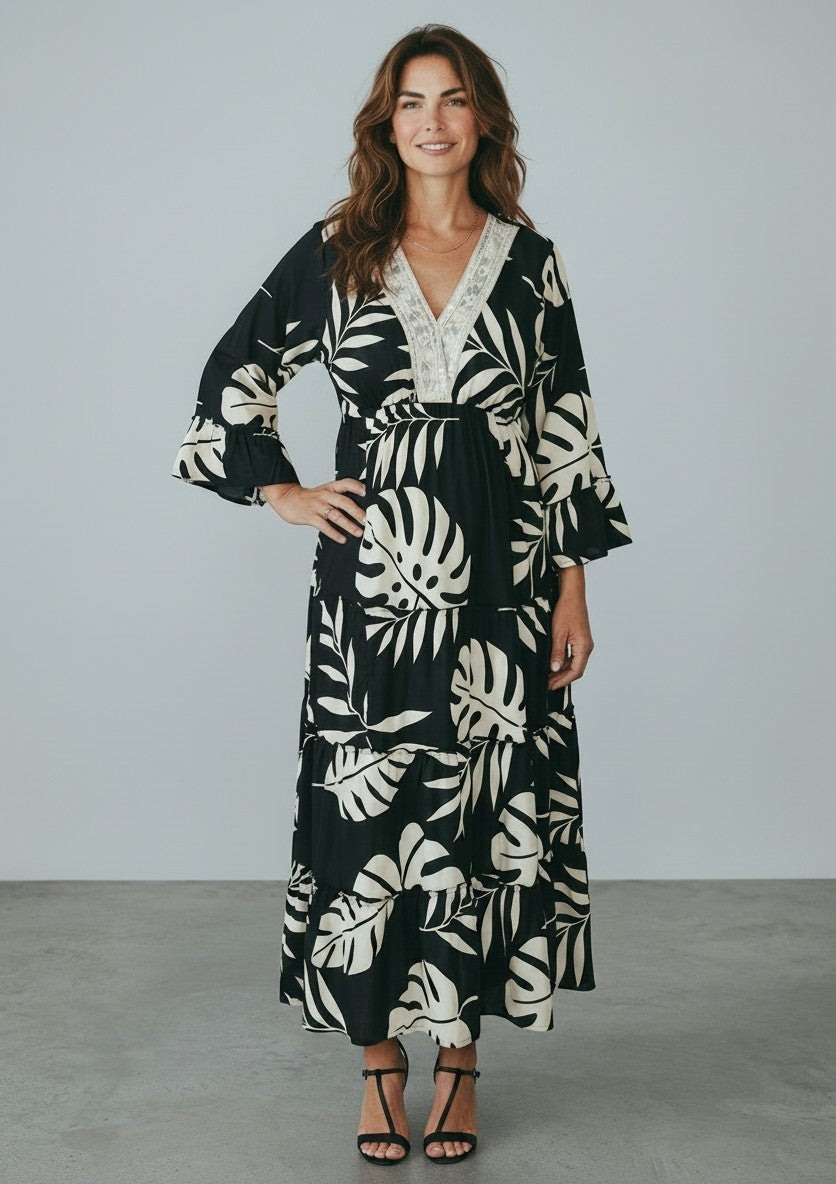 Tropical Leaf Print Maxi Dress