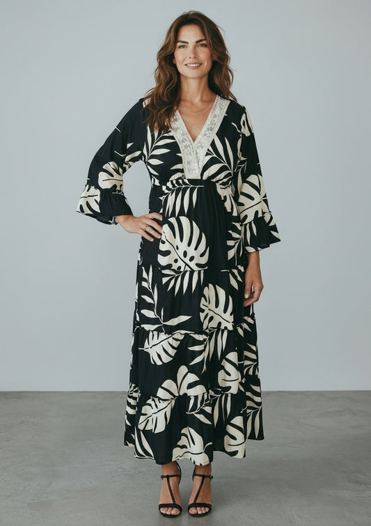 Tropical Leaf Print Maxi Dress