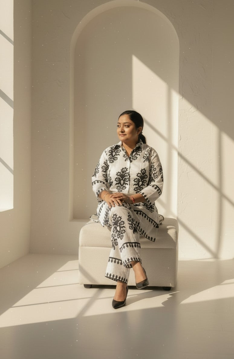 Elegant Black & White Cotton Co-Ord Set