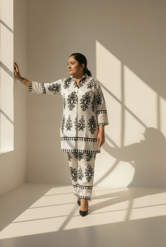 Elegant Black & White Cotton Co-Ord Set